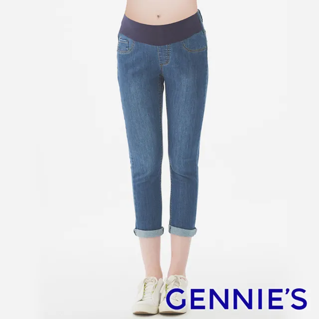 【Gennies 奇妮】刷白造型修身牛仔褲-藍(孕婦褲 九分褲 中腰)