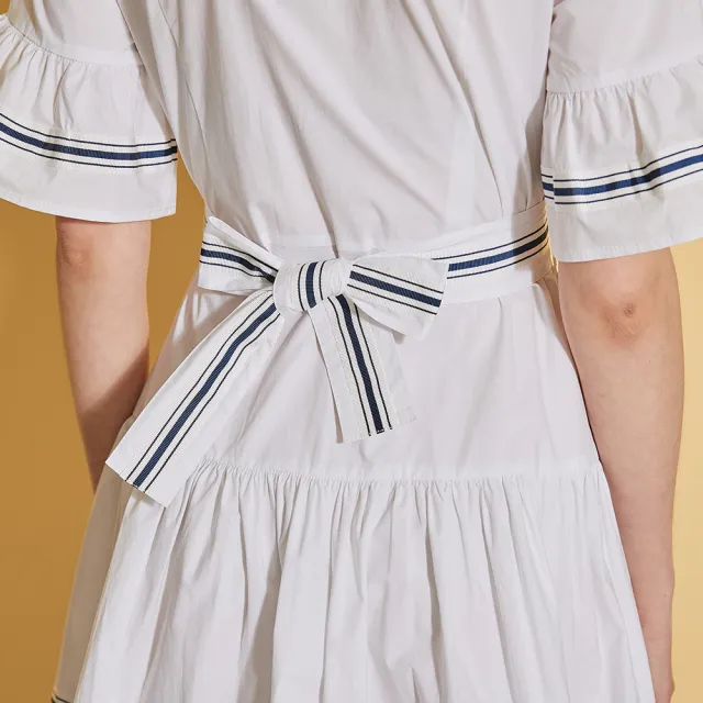 【ICHE 衣哲】時尚荷葉拼接撞色勾勒造型襯衫洋裝-質感白