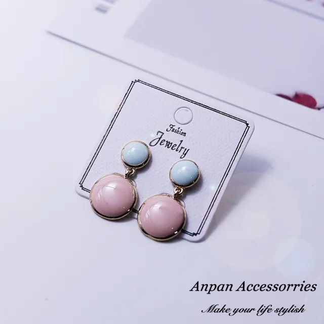 【Anpan】日韓初春撞色百搭圓型耳墜式耳環_藍粉