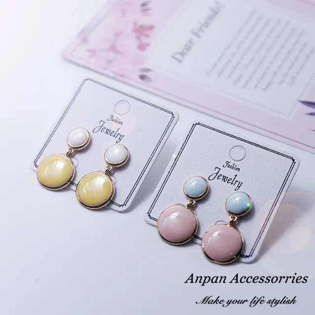 【Anpan】日韓初春撞色百搭圓型耳墜式耳環_藍粉