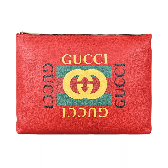 【GUCCI 古馳】GUCCI經典綠紅綠印花LOGO荔枝紋牛皮手拿化妝包(紅)
