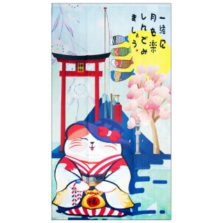 【LASSLEY】日本門簾-神社招福貓85X150cm(日式 和風 雙開式 風水簾 一片式 招財貓)