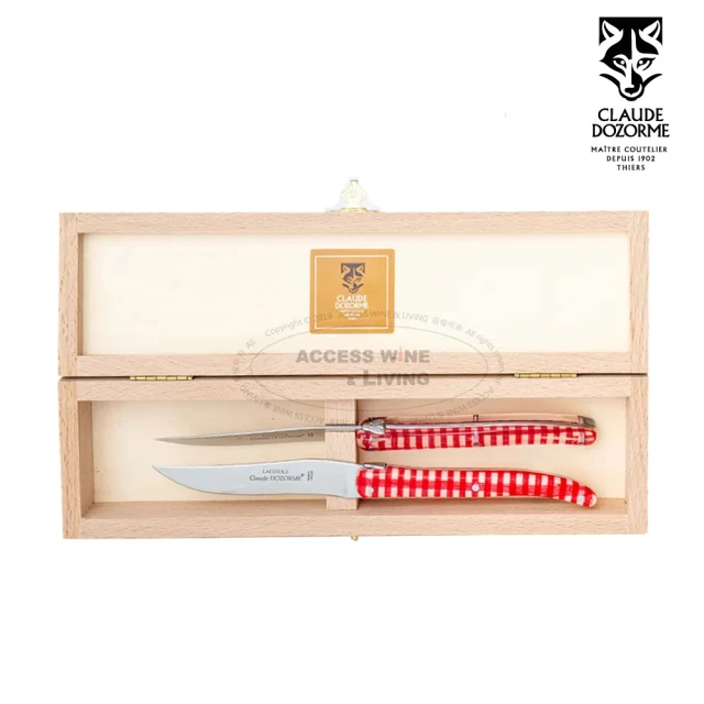 【Claude Dozorme】Laguiole基本細柄系列-Vichy紅方格織布餐刀(木禮盒組2入)