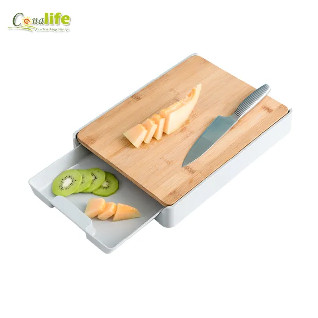 【Conalife】多用途切菜裝菜二合一雙面抽屜竹砧板 - 1入