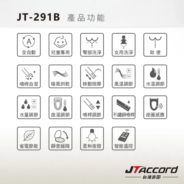 【JTAccord 台灣吉田】儲熱式省電溫水洗淨免治馬桶便座JT-291B遙控(標準版型/未含安裝)