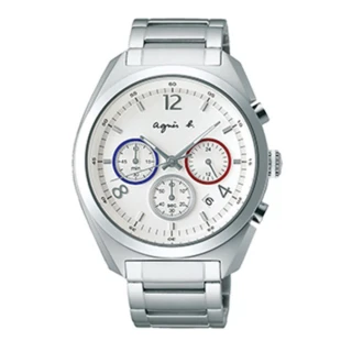 【agnes b.】法國國旗配色質感三眼計時腕錶-銀42mm(BT3001X1)