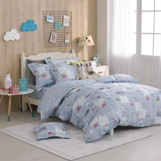 【GOLDEN-TIME】精梳棉兩用被床包組-晚安熊熊-藍(雙人)