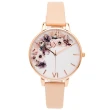 【Olivia Burton】華麗花香皮革錶帶手錶-白面X粉橘色/38mm(OB16PP30)