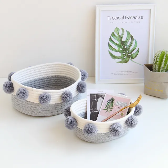 【收納職人】簡約北歐ins風棉線毛球編織裝飾置物籃/收納籃_彩色/粉色/灰色-小(收納袋 收納籃 收納用品)