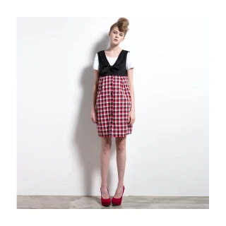 【Gennies 奇妮】010系列-V領格紋拼接背心洋裝(紅黑/紅灰T2104)