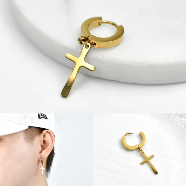 【玖飾時尚】耳環 鋼製金色垂墜十字(耳針耳環)