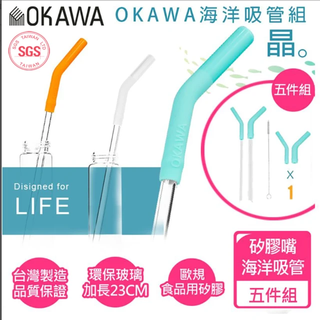 【優品家居】OKAWA環保矽膠玻璃吸管5件組(台灣製造 環保吸管 海洋吸管 耐高溫 矽膠嘴吸管)