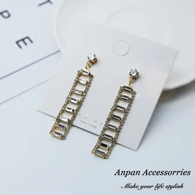 【Anpan】韓東大門氣質階梯水晶鑽石垂墜耳針式耳環