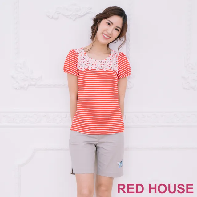 【RED HOUSE 蕾赫斯】蝴蝶貼布繡休閒短褲(白色)