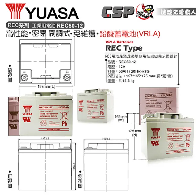 【CSP】湯淺YUASA-REC50-12 高性能密閉閥調式鉛酸電池12V50Ah(等同NP38-12 . NP40-12 容量加大版)