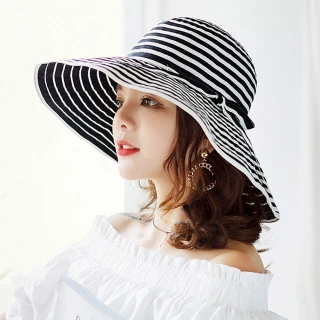【幸福揚邑】夏日浪漫條紋大帽檐抗UV防紫外線可摺疊遮陽帽(黑)