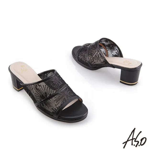 【A.S.O 阿瘦集團】時尚流行 優雅時尚網布時髦粗跟涼鞋(黑色)
