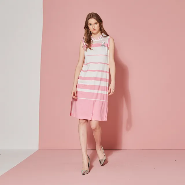 【ICHE 衣哲】輕時尚連帽拼接針織條紋印花洋裝-櫻花粉