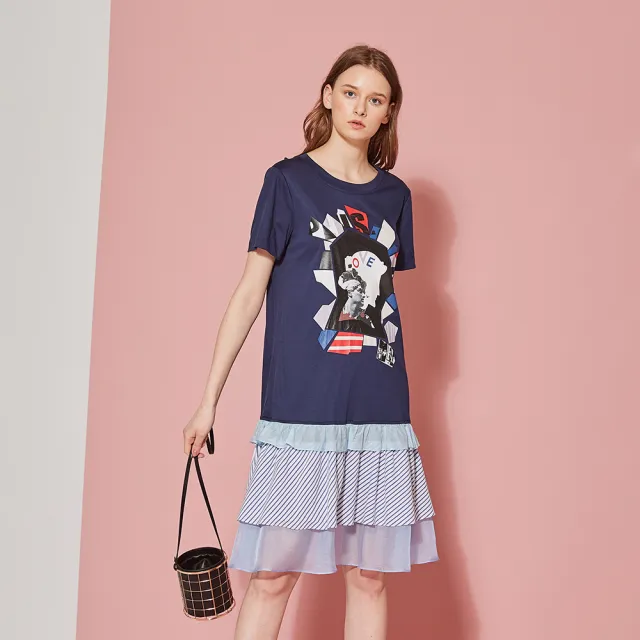 【ICHE 衣哲】時尚印花假兩件拼接疊層造型洋裝-藏藍