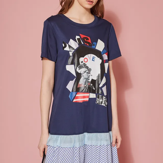 【ICHE 衣哲】時尚印花假兩件拼接疊層造型洋裝-藏藍