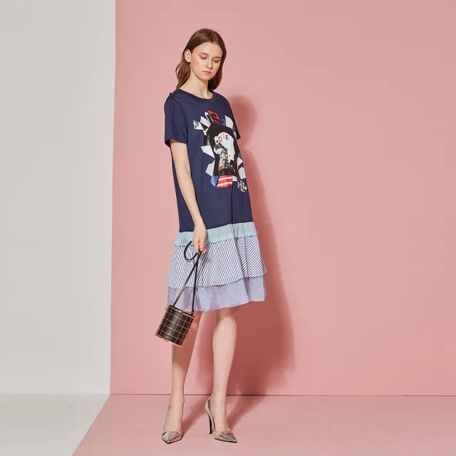 【ICHE 衣哲】時尚印花假兩件拼接疊層造型洋裝-藏藍