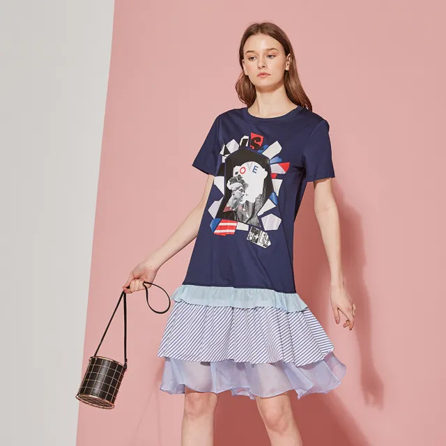 【ICHE 衣哲】時尚印花假兩件拼接疊層造型洋裝-藏藍