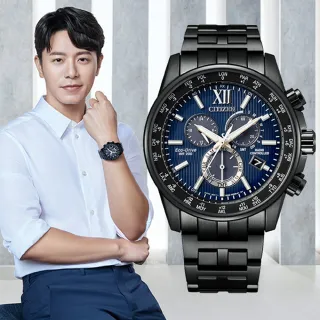 【CITIZEN 星辰】廣告款亞洲限定黑色榮耀電波光動能計時男錶-藍x黑/42.5mm 618限定(CB5885-85L)
