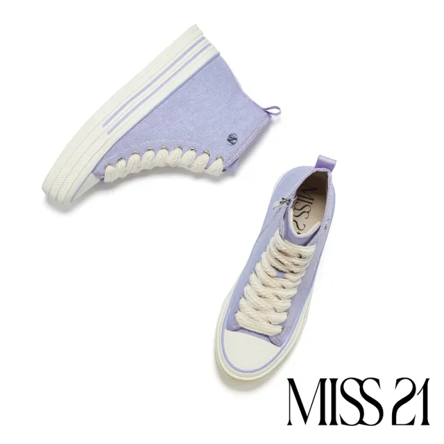 【MISS 21】復古老靈魂帆布綁帶高筒厚底休閒鞋(紫)