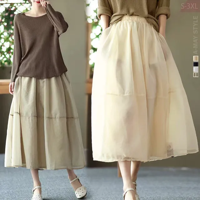 【Amay Style 艾美時尚】中大尺碼女裝 半身裙 裙子 優雅輕薄歐根紗長裙。S-3XL(4色.預購)