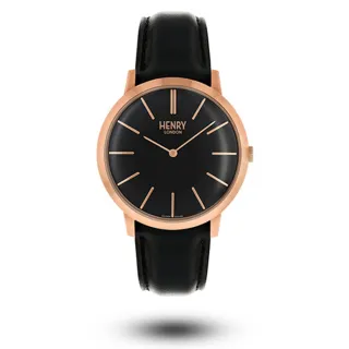 【HENRY LONDON】英國品牌 玫瑰金黑面黑色皮帶腕錶(HL40-S-0248)