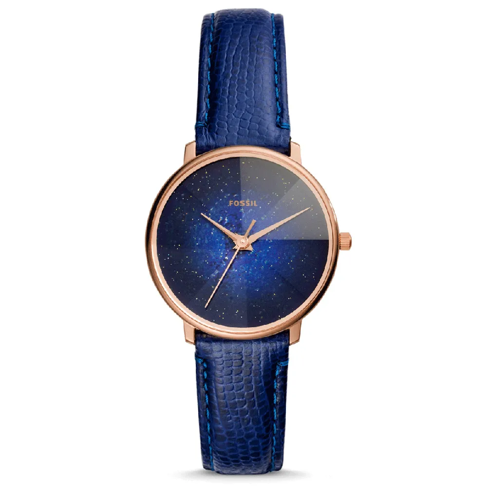 【FOSSIL】星彩稜鏡光壓紋皮革石英腕錶-藍/33mm(ES4729)