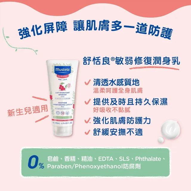 【Mustela 慕之恬廊】舒恬良 敏弱換季養護組(敏弱修復面霜40ml＋敏弱修復潤身乳200ml 無香)