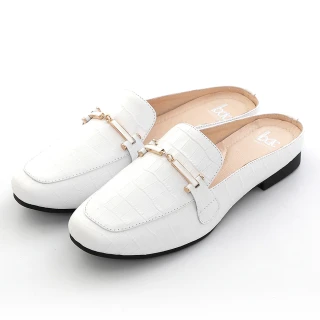 【bac】方頭動物壓紋樂福平底穆勒鞋(白色)