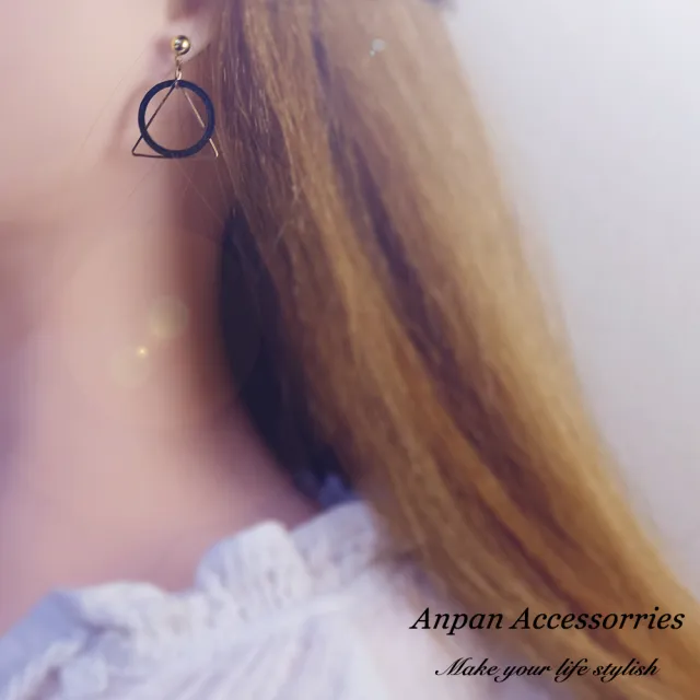 【Anpan】925銀針韓南大門氣質黑環圈幾何夾式 耳環