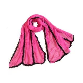 【FIFI 飛時尚】立體蕾絲綴邊雪紡圍巾 防曬空調披肩(玫紅)