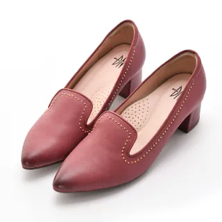 【DN】跟鞋_復古風細緻珠珠點綴水洗真皮方跟鞋(紅)