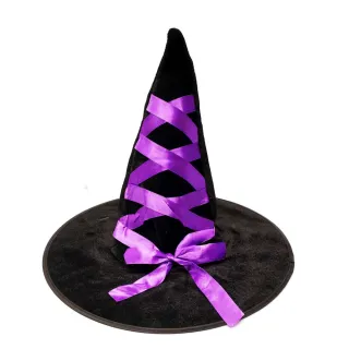 【摩達客】萬聖派對變裝 魔法紫色緞帶植絨黑巫師帽