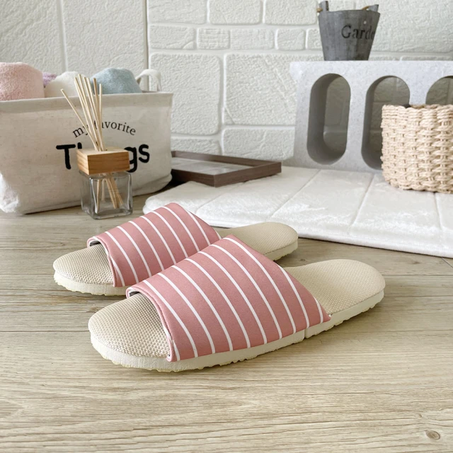 【iSlippers】台灣製造-療癒系-舒活草蓆室內拖鞋(玫瑰褐條紋)
