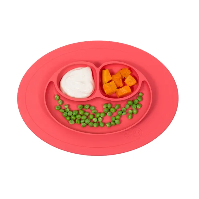 【美國ezpz】mini mat迷你餐盤+餐墊：珊瑚紅(FDA認證矽膠、防掀倒寶寶餐具)