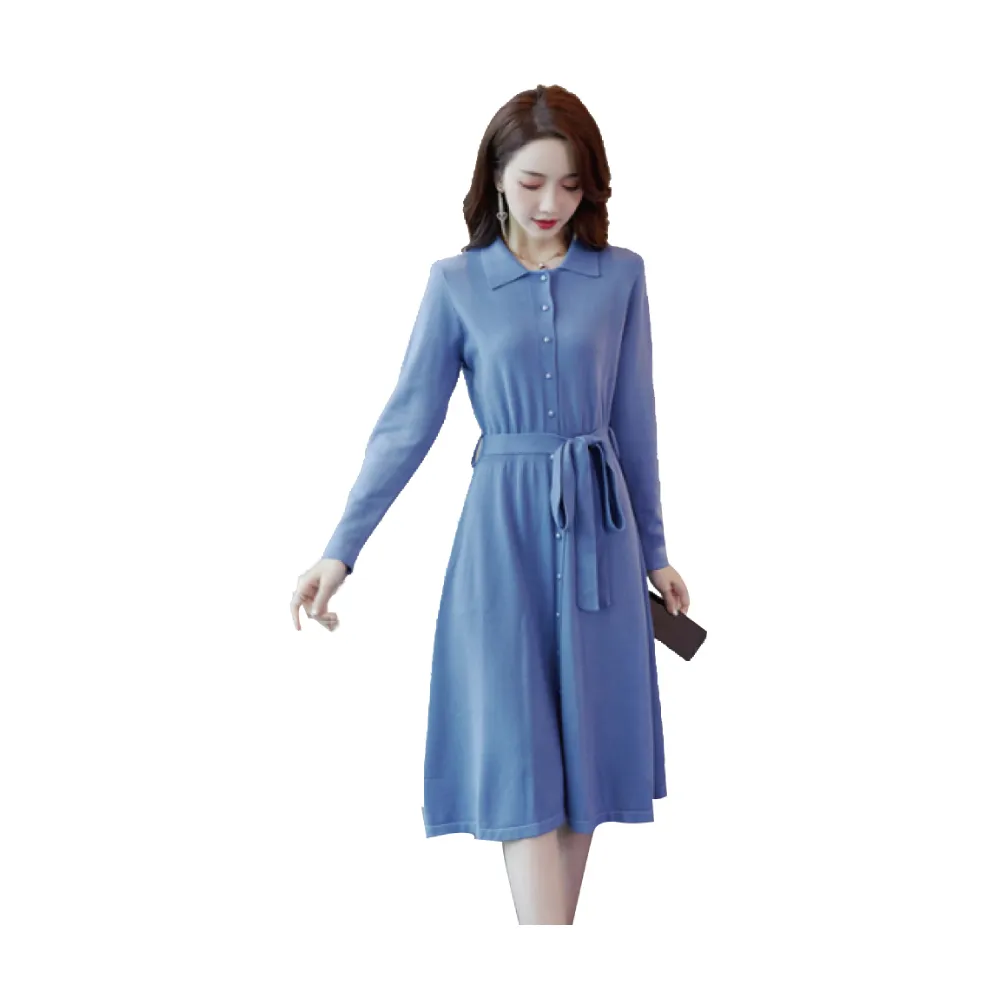 【Alishia】知性優雅綁帶針織連身裙 S-XL(現+預  藍色)
