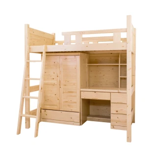 【柏蒂家居】雅羅3.5尺單人多功能松木高層床架三件組(床架+衣櫃+書桌)