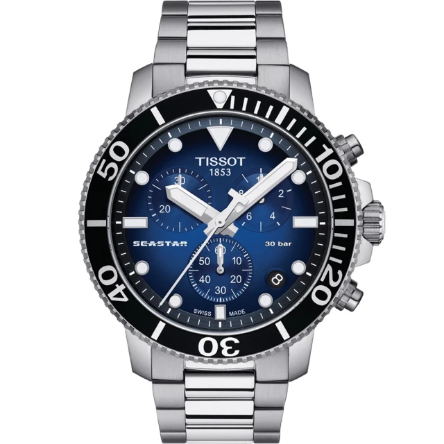 【TISSOT 天梭 官方授權】Seastar 1000海星水鬼300米潛水三眼計時錶-45.5mm/藍 畢業 禮物(T1204171104101)