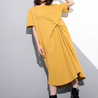 【CLORI】現貨-玩美衣櫃歐美純色大碼腰扭結寬鬆短袖洋裝M-L(共三色)