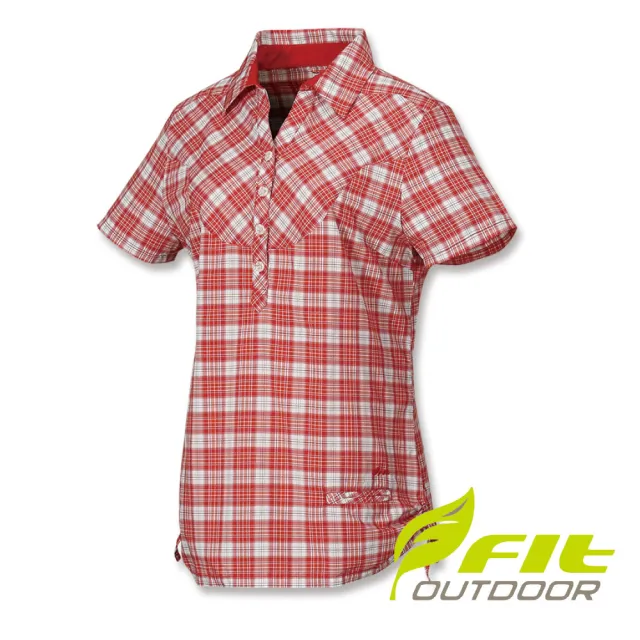 【Fit 維特】女-格紋吸排抗UV短袖襯衫-魅力紅  FS2201-14(短袖襯衫/抗UV/透氣)
