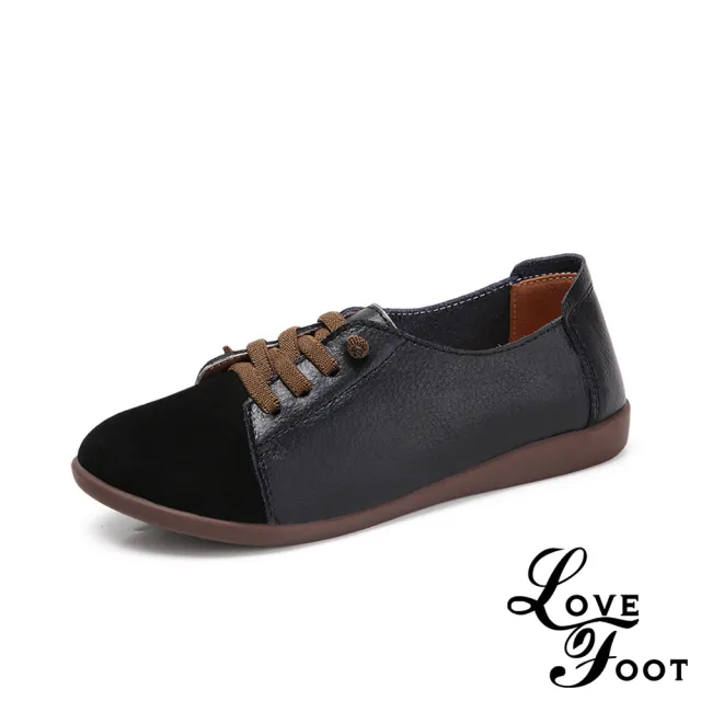 【LOVE FOOT 樂芙】真皮異材質拼接小圓頭個性百搭休閒鞋(黑)