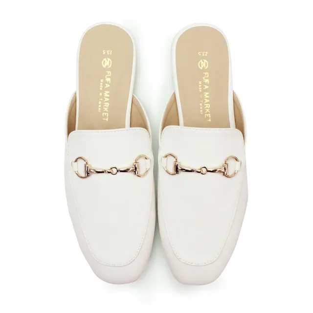 【FUFA Shoes 富發牌】低調金屬圓扣穆勒鞋-白 1PE81(女鞋/女懶人鞋/拖鞋/便鞋)