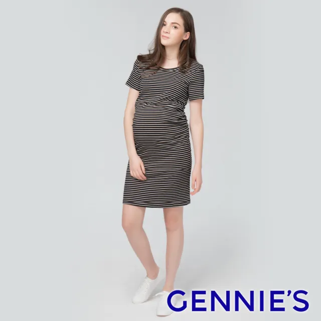 【Gennies 奇妮】彈力修身哺乳洋裝-黑白條紋(哺乳衣 短袖哺乳衣 圓領 假二件 窄裙擺 上掀哺乳)