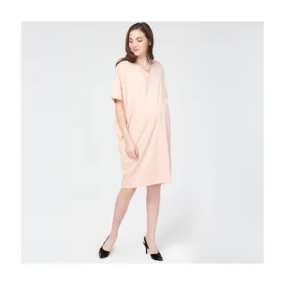 【Gennies 奇妮】V領飛鼠袖洋裝-粉(孕婦裝 棉質 連袖)