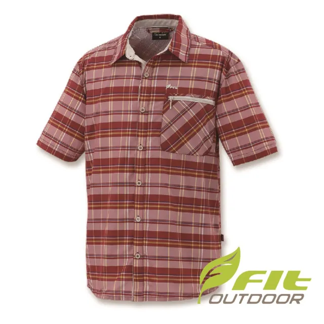 【Fit 維特】男-吸排格紋短袖襯衫-寶石紅 IS1204-A4(透氣合身/貼身/短袖上衣/休閒)