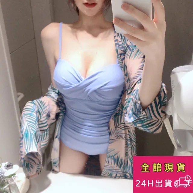 【AS 梨卡】泳衣 泳裝 連身 一件式  鋼圈 純色皺褶顯瘦泳裝CR383
